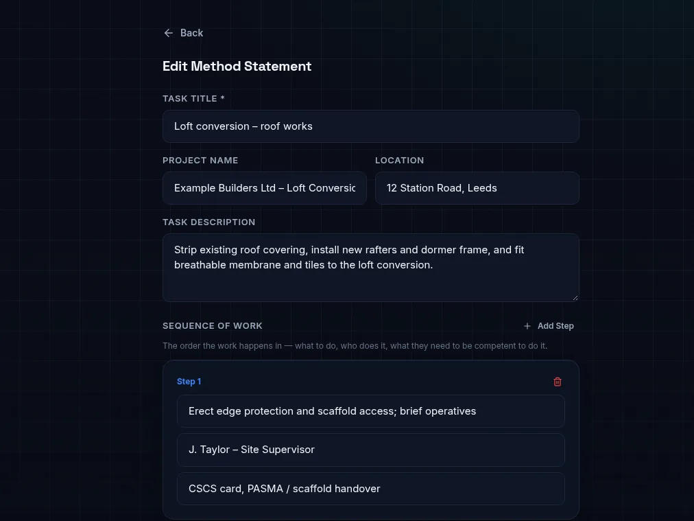 DutyDocs method statement editor with task details and sequence of work