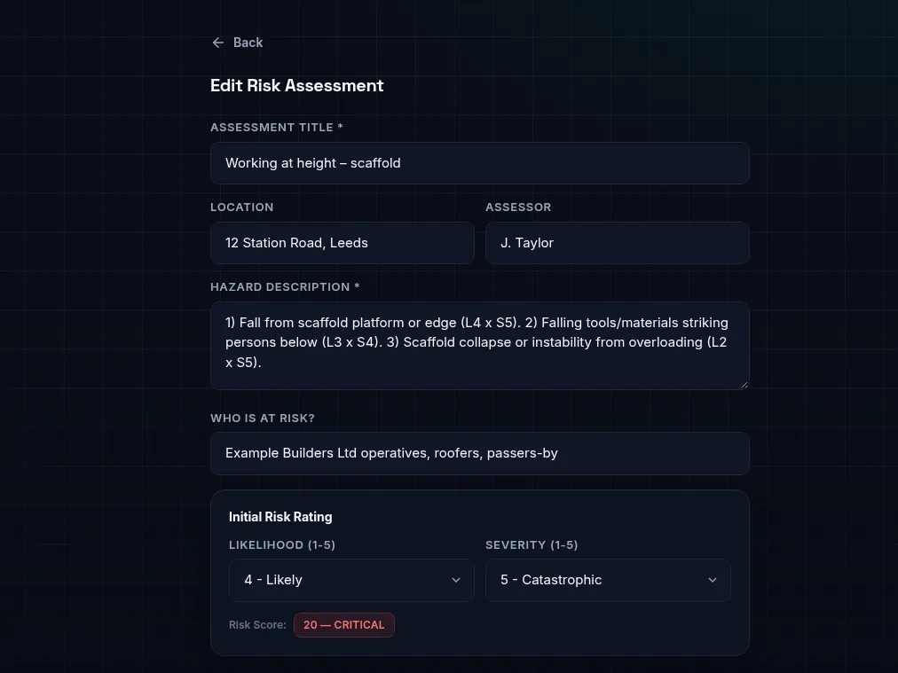DutyDocs risk assessment form with hazard description and 5×5 risk rating