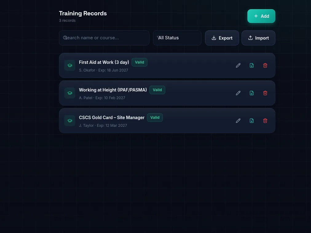 DutyDocs training records list with certificate expiry dates